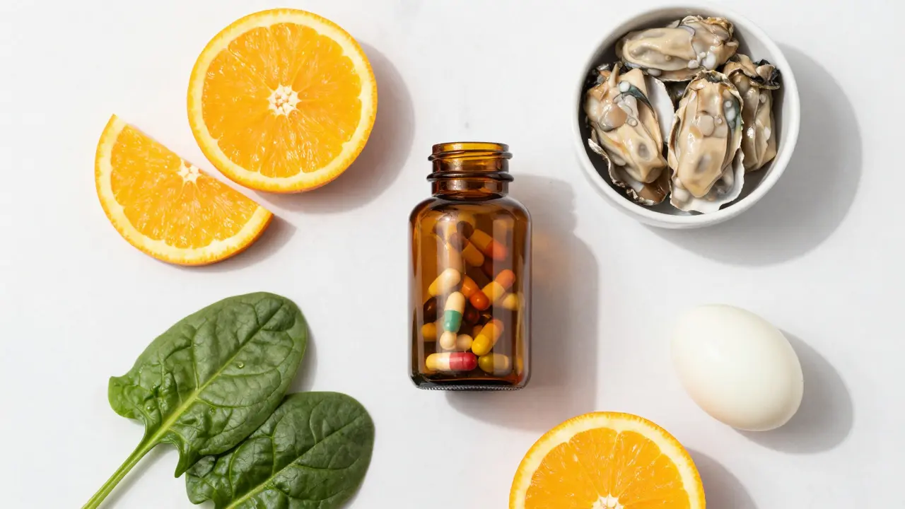 Multivitamíny vedle čerstvých potravin jako ovoce, zelenina a vejce