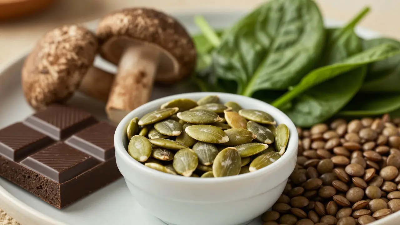 Pumpkin seeds, cacao, mushrooms, and lentils arrangement