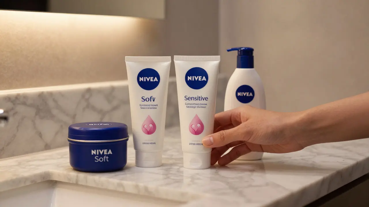 Různé typy krémů Nivea uspořádané na umyvadle