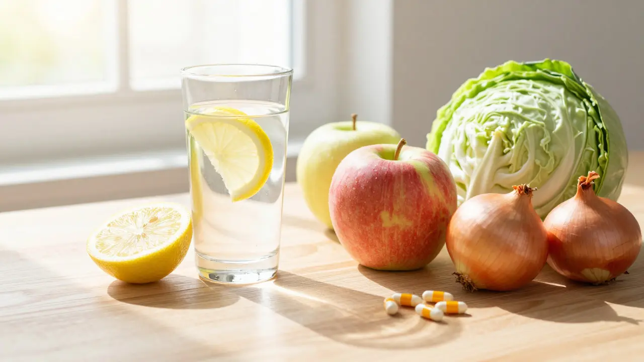 Sklenice vody s citronem a čerstvé ovoce na stole pro detoxikaci