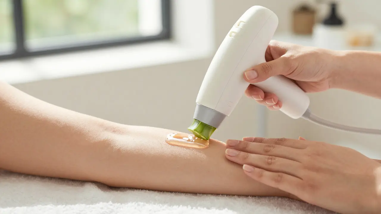 Žena aplikující hydratační gel na kůži po IPL v klidném prostředí