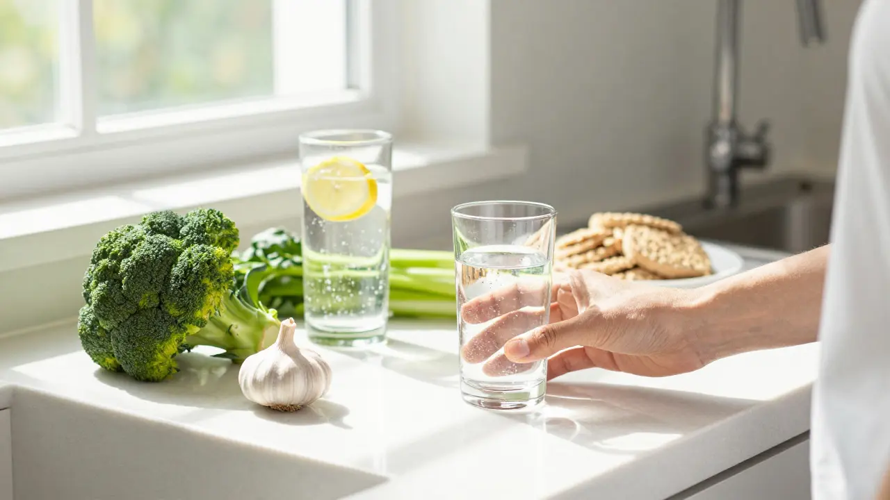 Čerstvé zeleniny a voda na kuchyňském pultu představují detoxikaci a zdravý životní styl.
