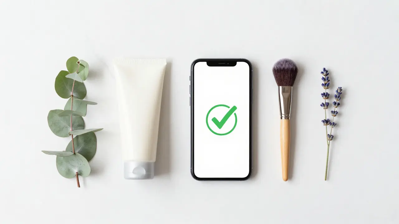 Eko kosmetika a smartphon s ověřením etičnosti značky na mramoru