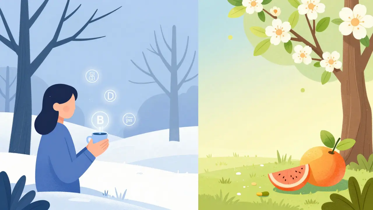 Ilustrace sezónního užívání vitamínů zima versus jaro