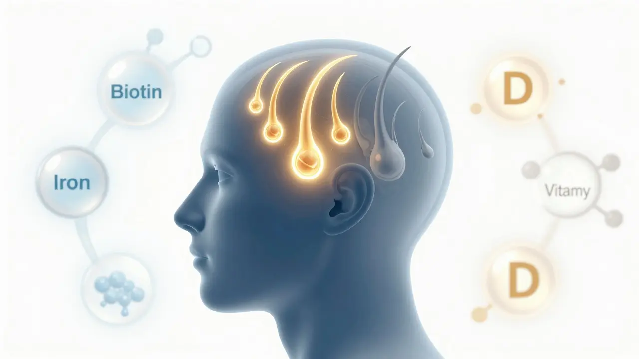 Ilustrace vlasových folikulů živěných vitamíny a minerály