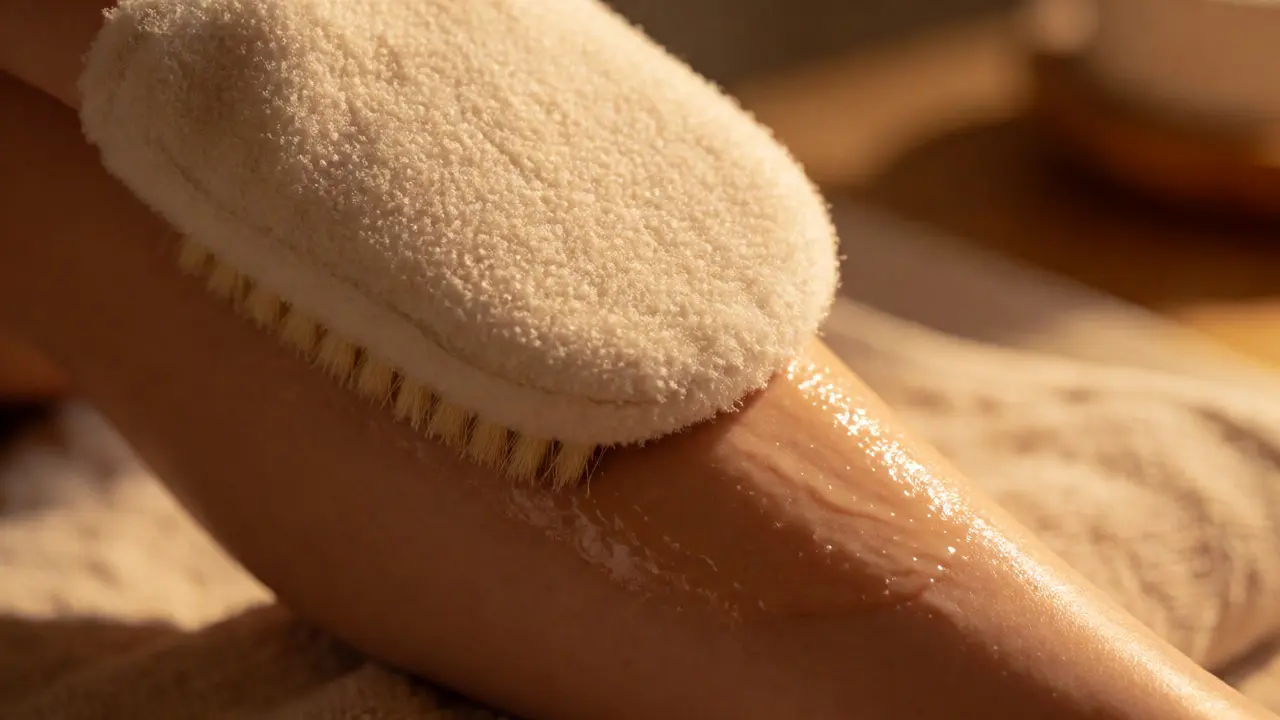 Jemný mechanický peeling pokožky pomocí měkké rukavice pro prevenci zarostlých chloupků