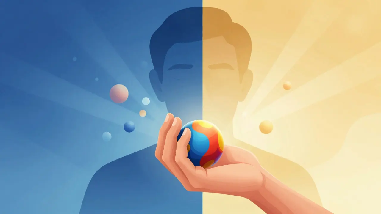 Konceptuální ilustrace přechodu od stresu k klidu pomocí antistresové koule