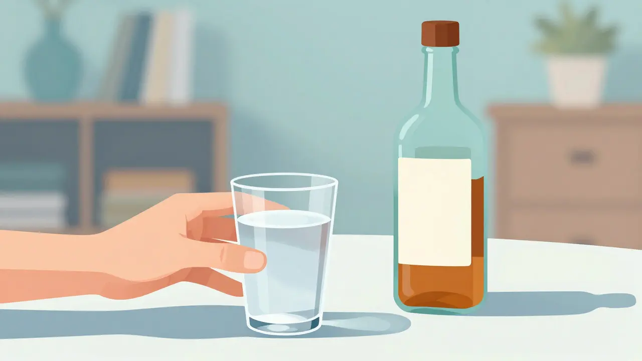 Umělecká ilustrace sklenice vody vedle láhve alkoholu na stole