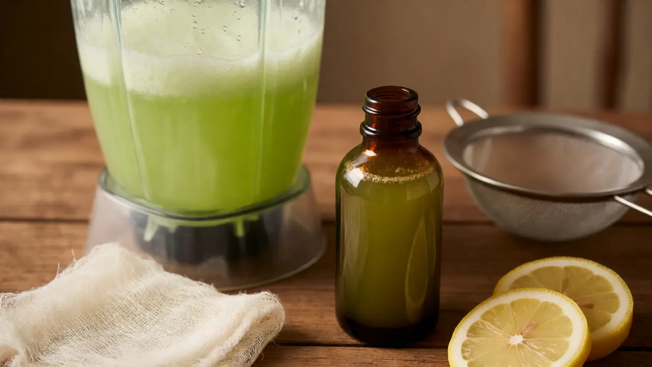 Blender s aloe šťávou a tmavá láhev na konzervaci