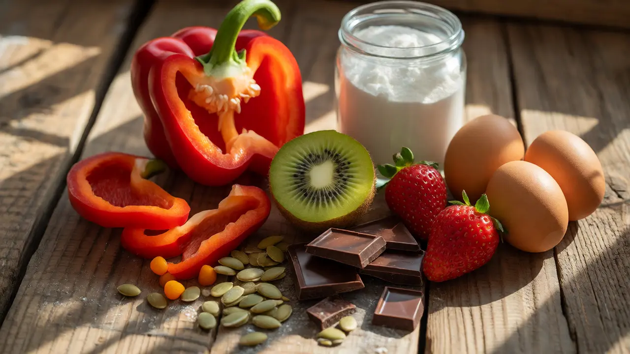 Čerstvé potraviny bohaté na vitamín C a aminokyseliny podporující tvorbu kolagenu.
