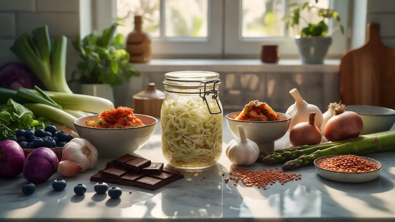 Čerstvé potraviny podporující trávení: kysané zelí, zelenina, ovoce a luštěniny na pultu.