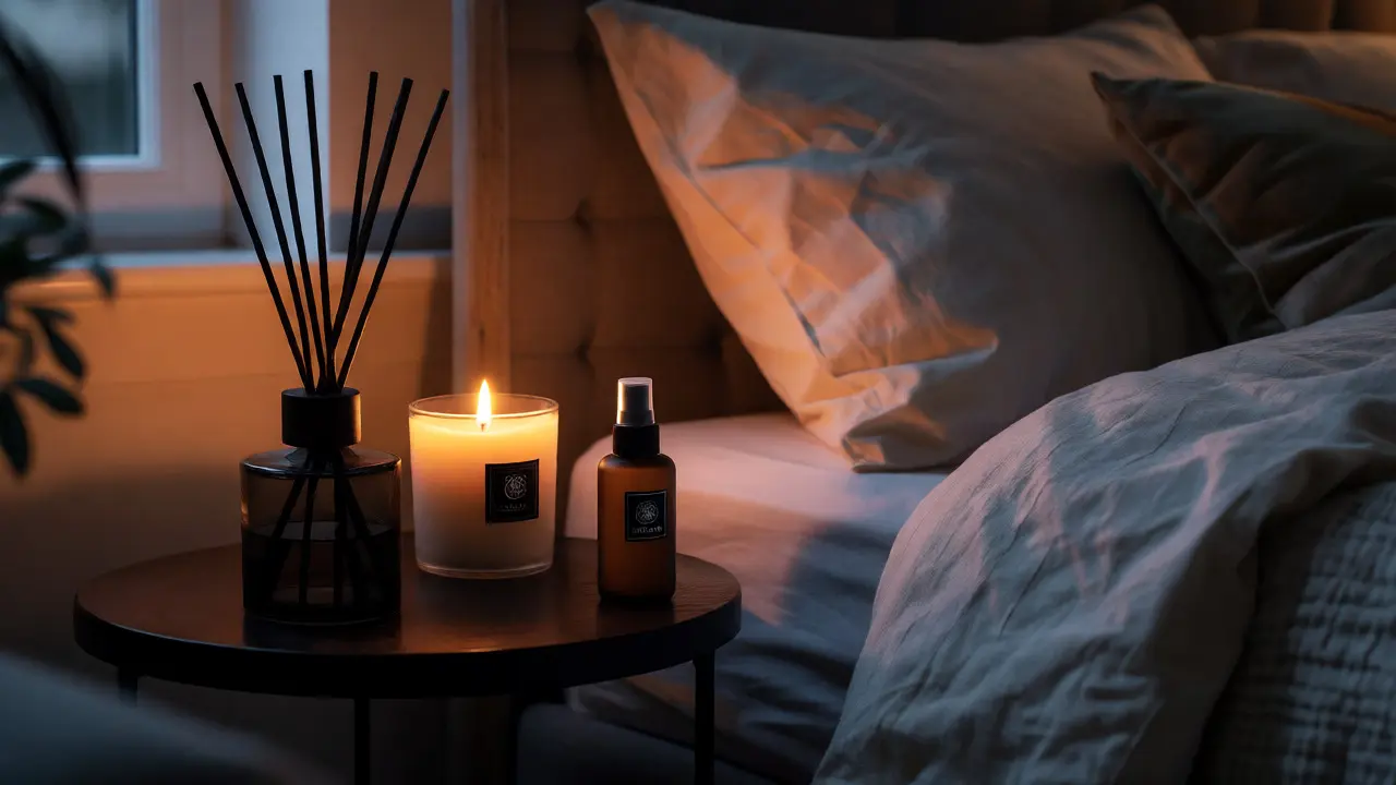 Cozy bedroom scene at dusk with a lit candle, reed diffuser, and pillow mist creating a relaxing atmosphere.