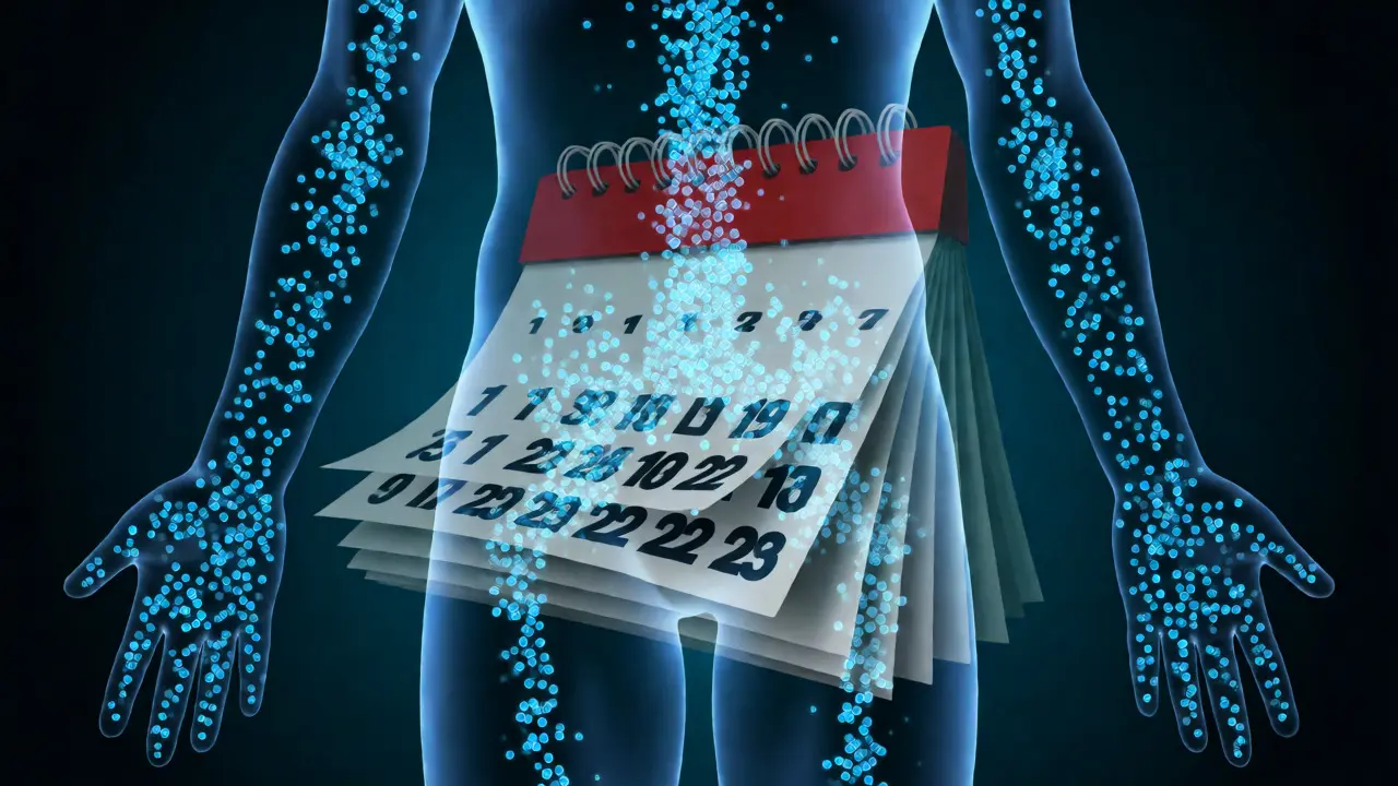 Ilustrace lidského těla s částicemi vitaminu C procházejícími krví a vylučovanými ledvinami.