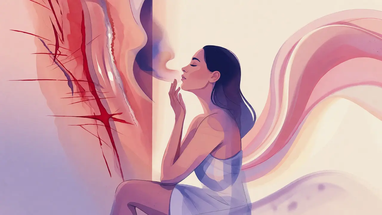 Konceptuální ilustrace bolesti a úlevy při brazilské depilaci s klidnou postavou.