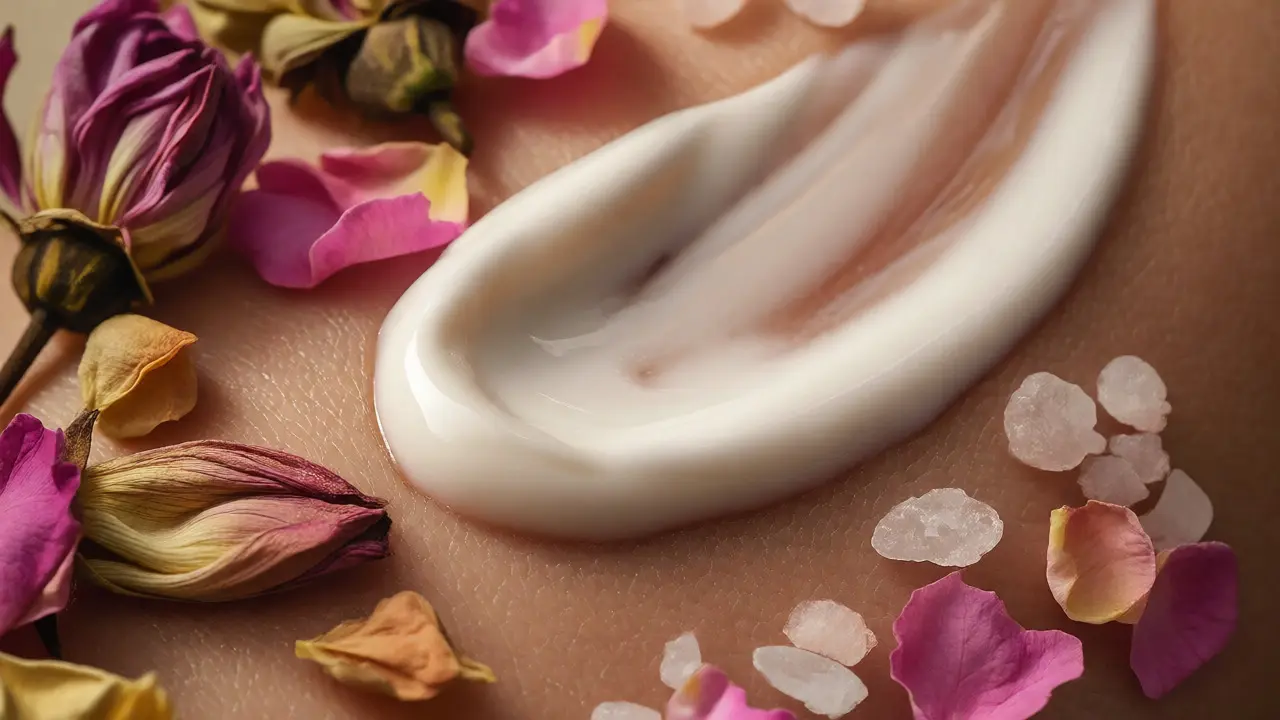 Macro shot of creamy body lotion application surrounded by lotus flowers, rose petals, and sea salt.