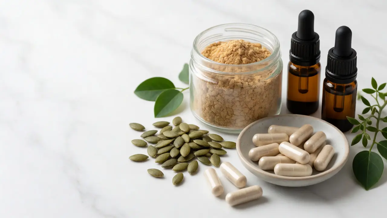 Makro fotografie doplňků stravy: maca, vitamín D, hořčík a dýňová semínka na mramoru.