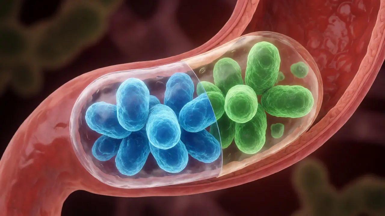 Makro pohled na probiotickou kapsli chráněnou v trávicím traktu