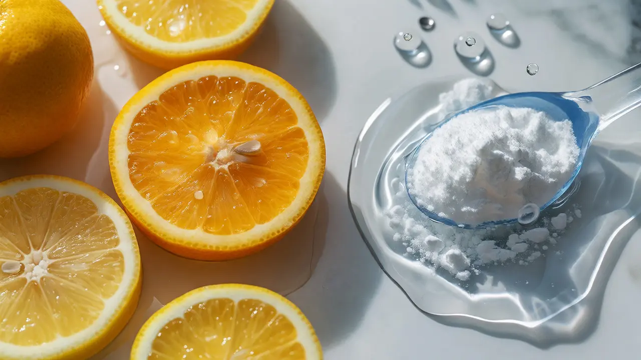 Makro snímek citrusů a rozpouštějícího se kolagenu ve vodě