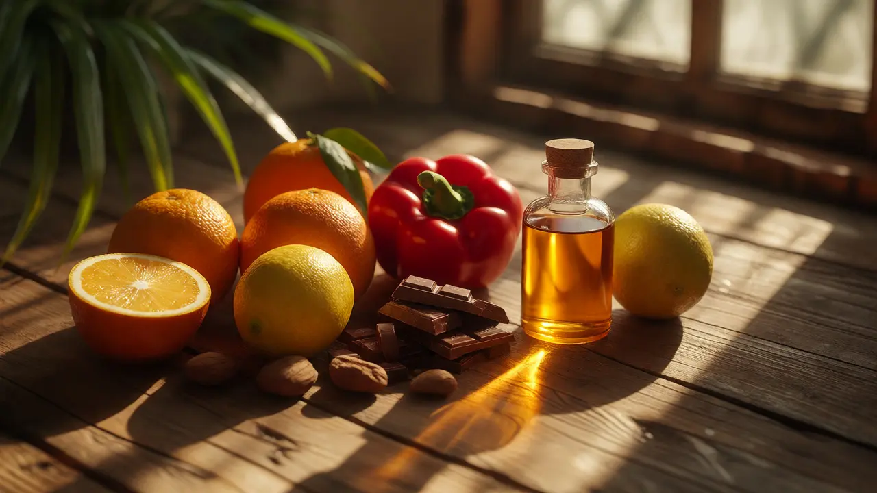Přírodní zdroje vitamínů pro klouby: citrusy, oleje a ořechy na stole