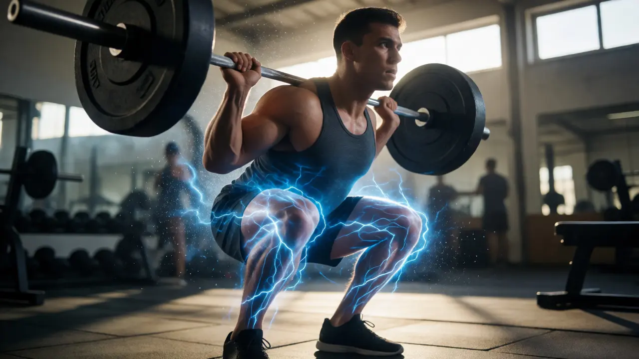 Sportovec dělá dřepy s činkou, obklopen modrými energetickými výboji