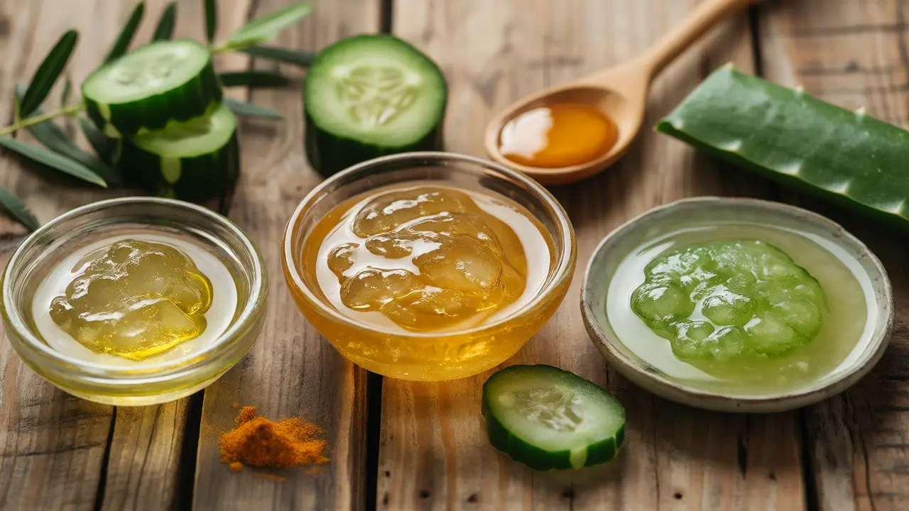 Tři domácí masky z aloe vera s medem, kurkumą a okurkou na dřevěném stole.