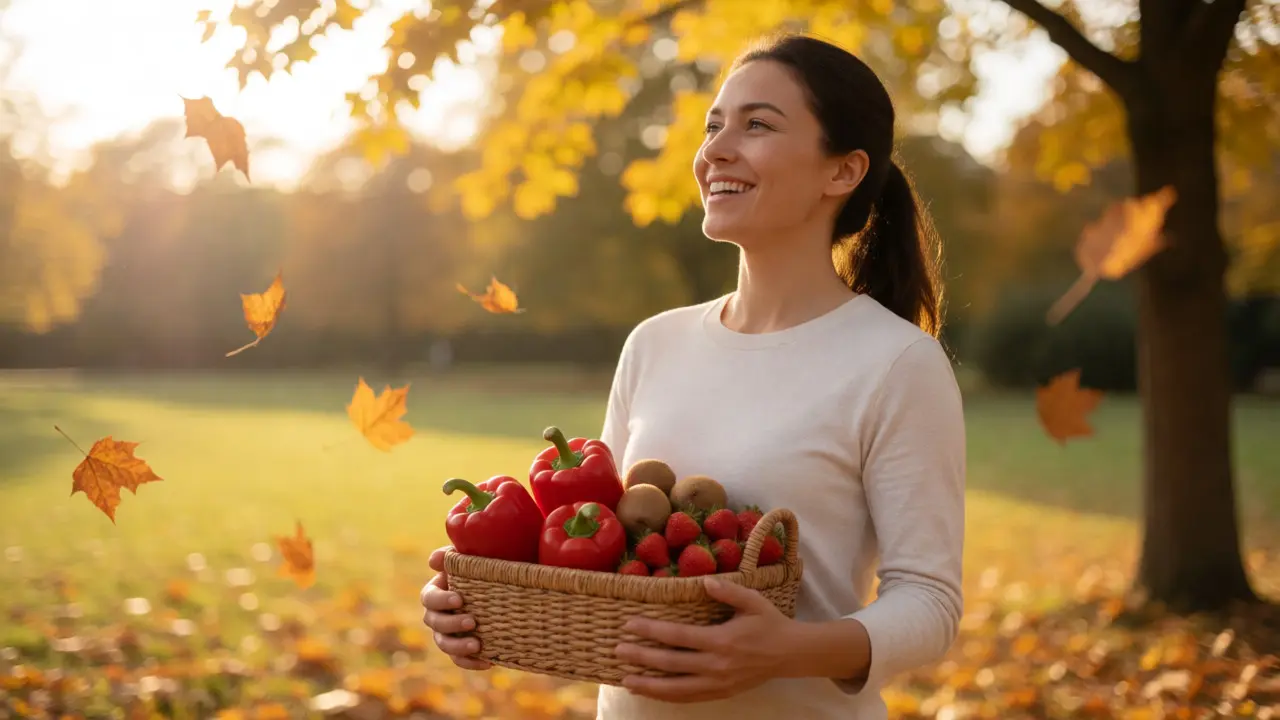 Žena drží koš s ovocem a zeleninou bohatou na vitamín C v podzimním parku.