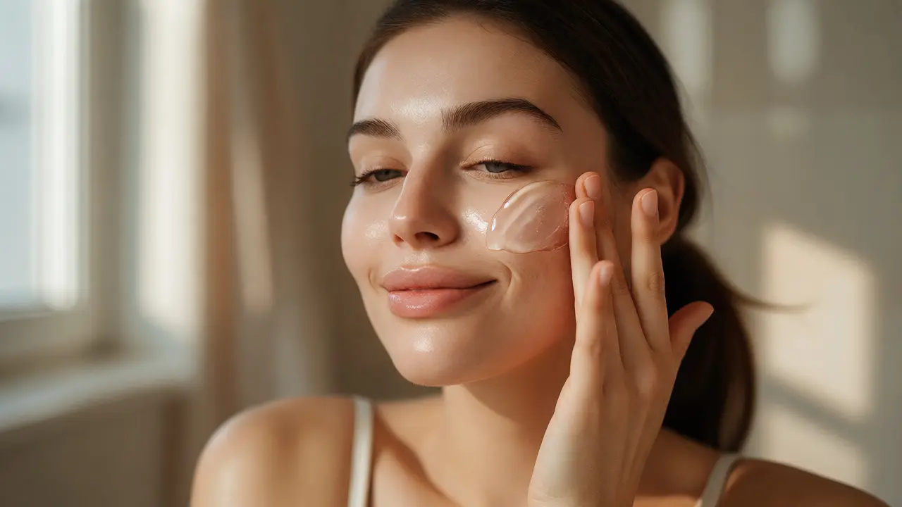 Žena jemně nanáší průhledný gel z aloe vera na svou tvář v klidném prostředí.