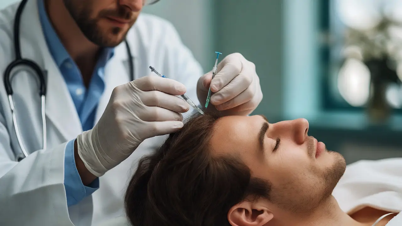 Dermatolog provádí mezoterapii hlavy jemnými jehlicemi