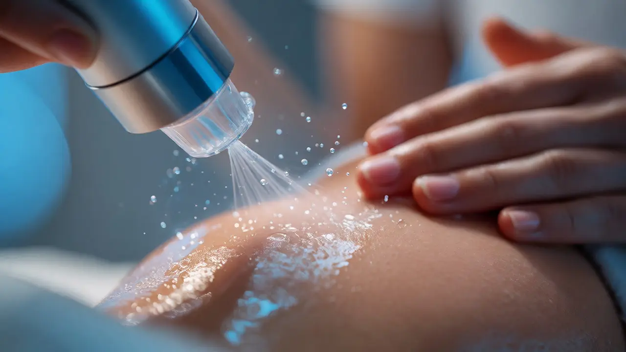 Detailní záběr na aplikaci OXY-jet přístroje na hydratovanou pleť