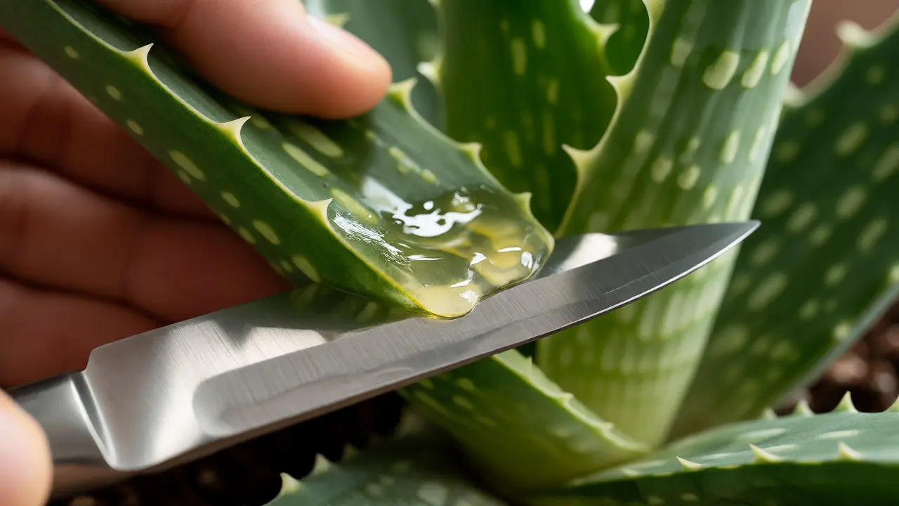 Detailní záběr na řez listu aloe vera ostrým nožem u základny.