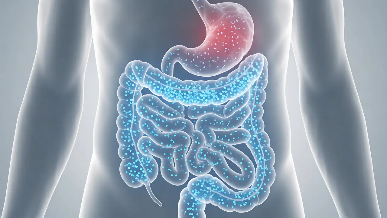 Ilustrace trávicího systému s vyznačeným působením nadbytku vitamínu C