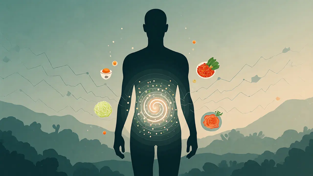 Konceptuální ilustrace rovnováhy střevního mikrobiomu při snížení stresu
