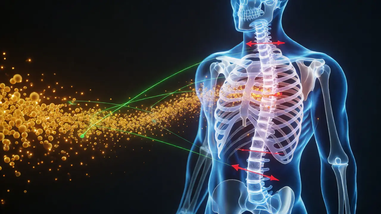 Konceptuální ilustrace synergie vitamínu D, K2 a hořčíku pro zdraví kostí.