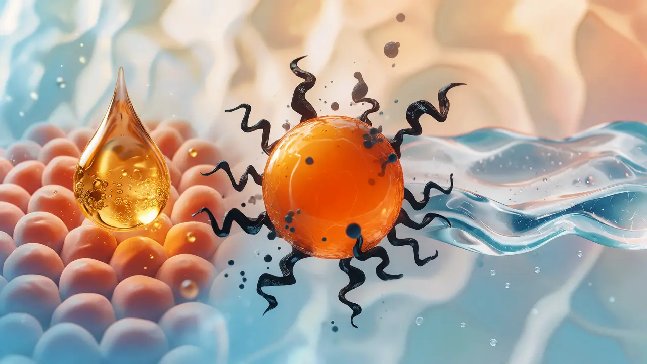 Konceptuální ilustrace účinků retinolu, vitamínu C a hydratace na buněčné úrovni.