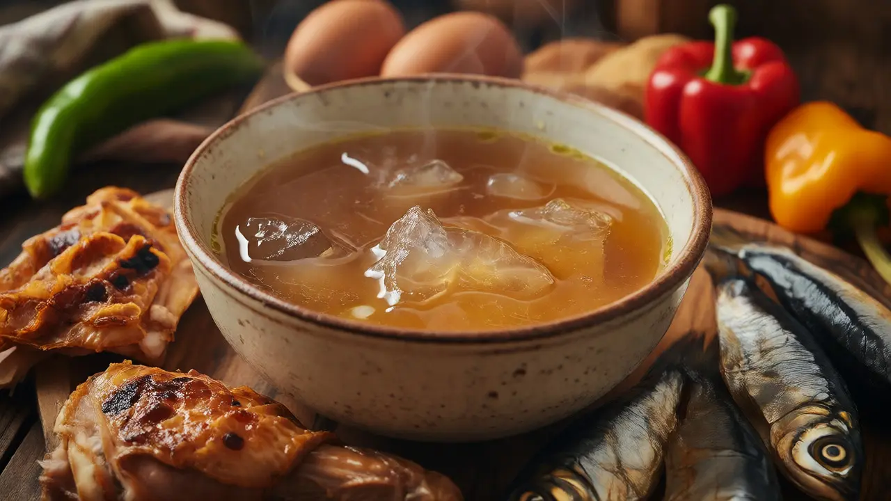 Miska želatinového kostního vývaru se smaženou kůží a zeleninou