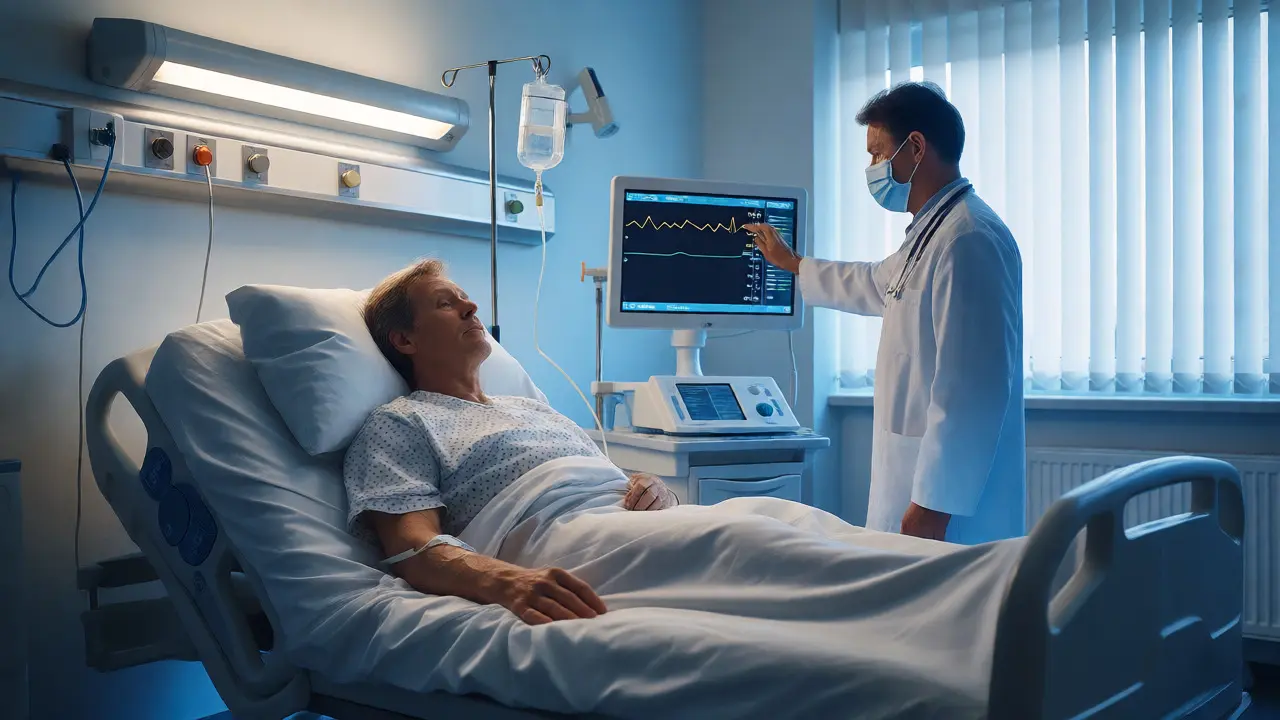Pacient na infuzi v nemocničním pokoji během lékařské detoxikace