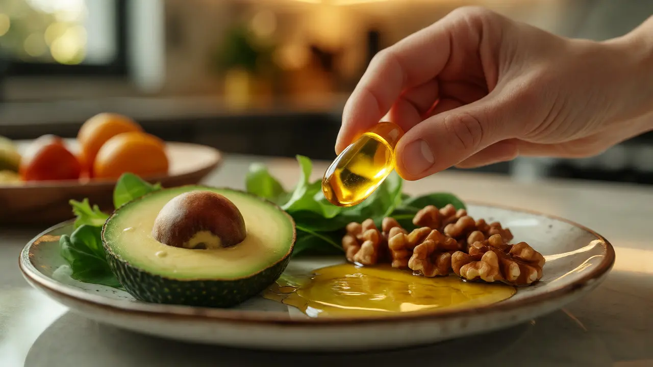 Ruka držící kapsli vitamínu D nad talířem s avokádem a ořechy pro lepší vstřebávání.
