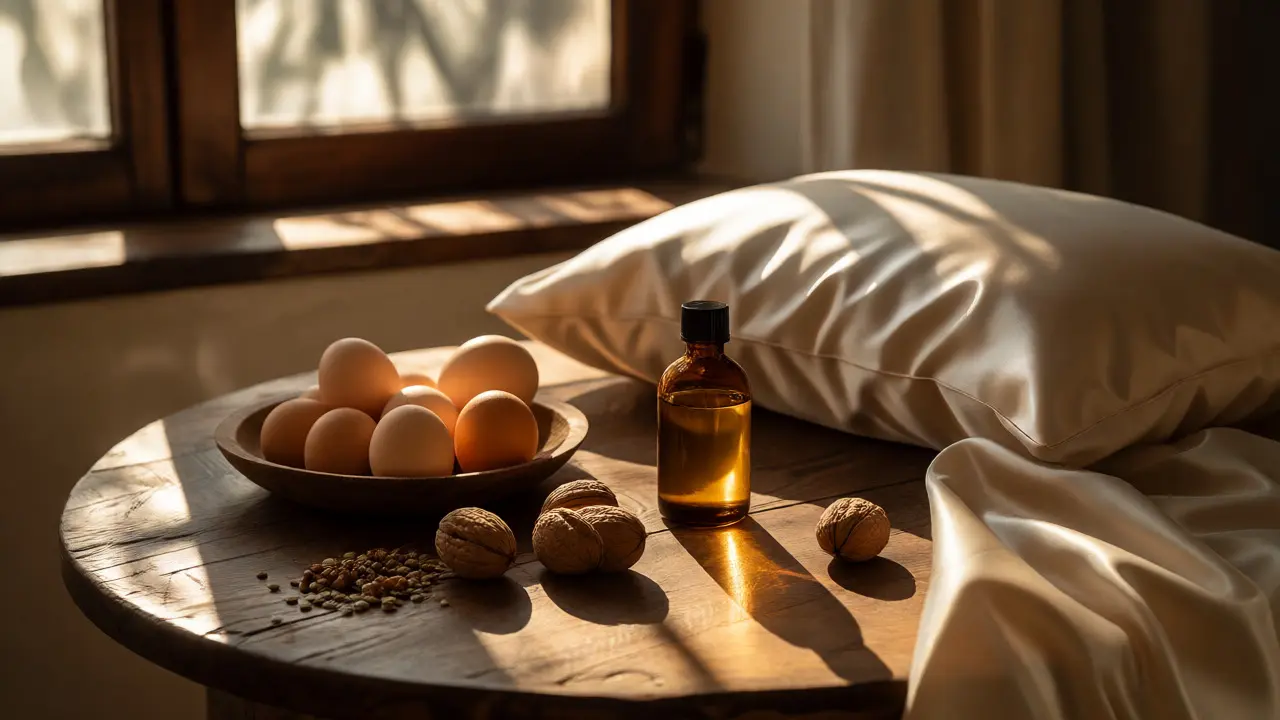 Still life s vejci, ořechy, arganovým olejem a hedvábným povlečením symbolizující péči o vlasy.