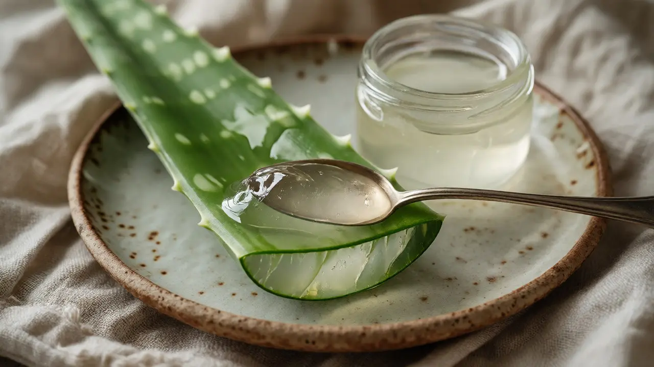 Vyškrabávání čirého gelu z rozříznutého listu aloe vera lžičkou.