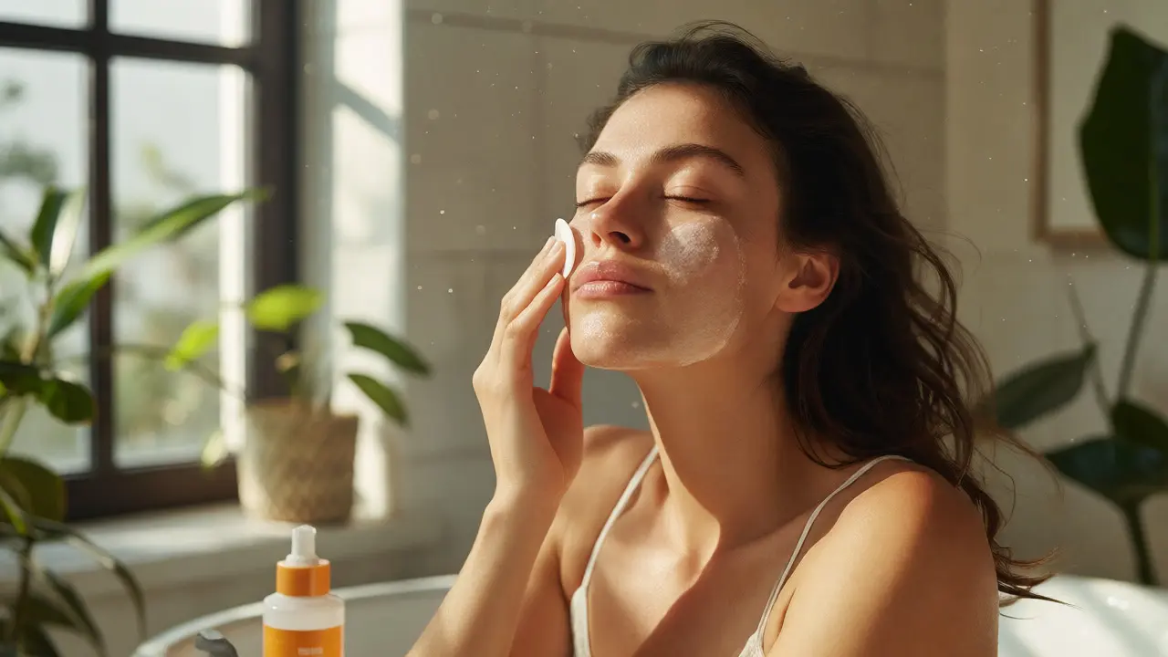 Žena aplikuje jemný peeling v koupelně s důrazem na hydrataci